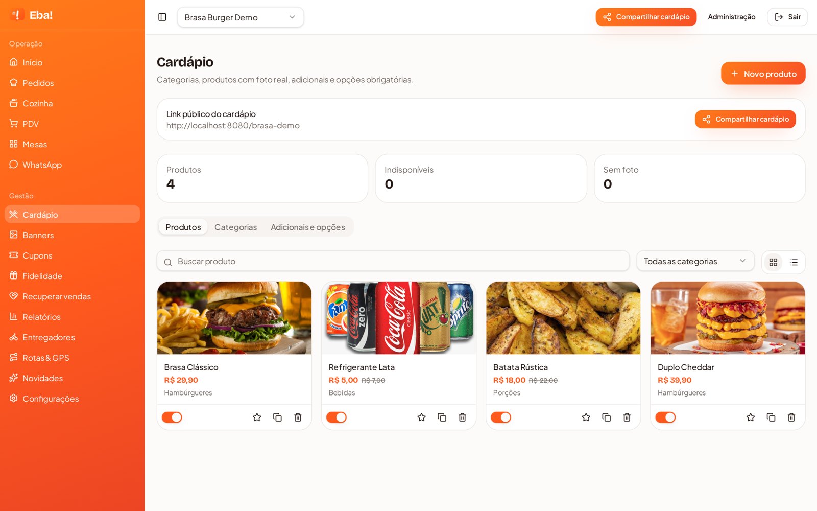 Painel do Eba! Delivery com o cardápio da loja