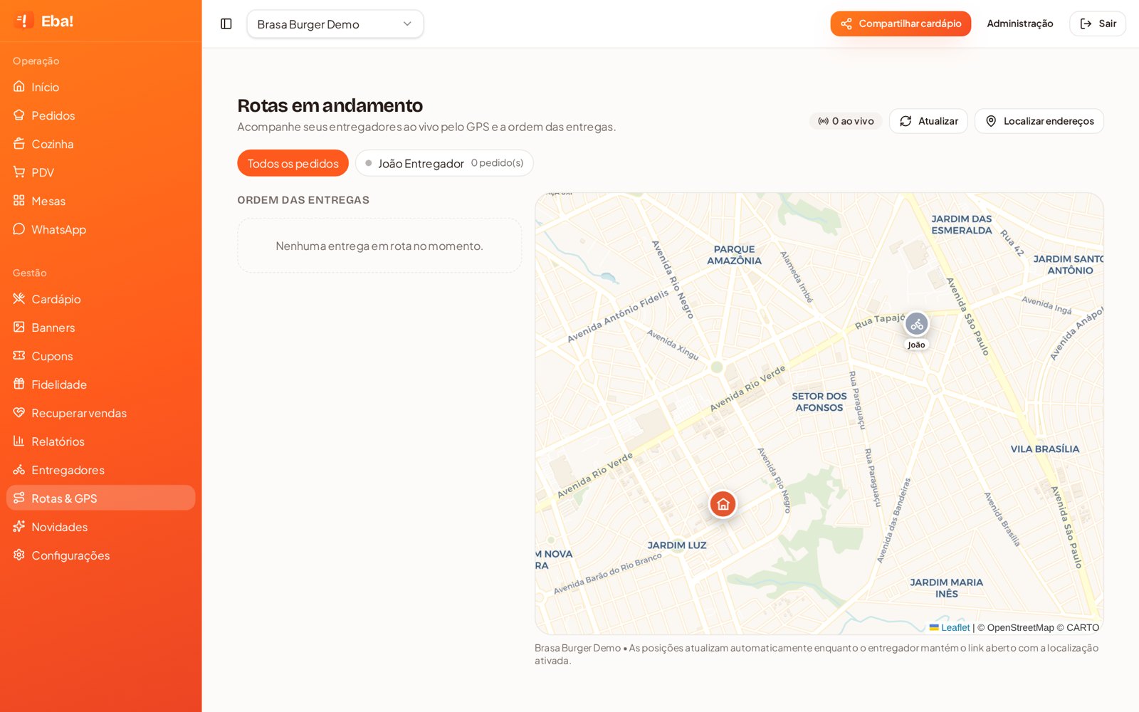 Mapa de rotas em andamento com entregador ao vivo
