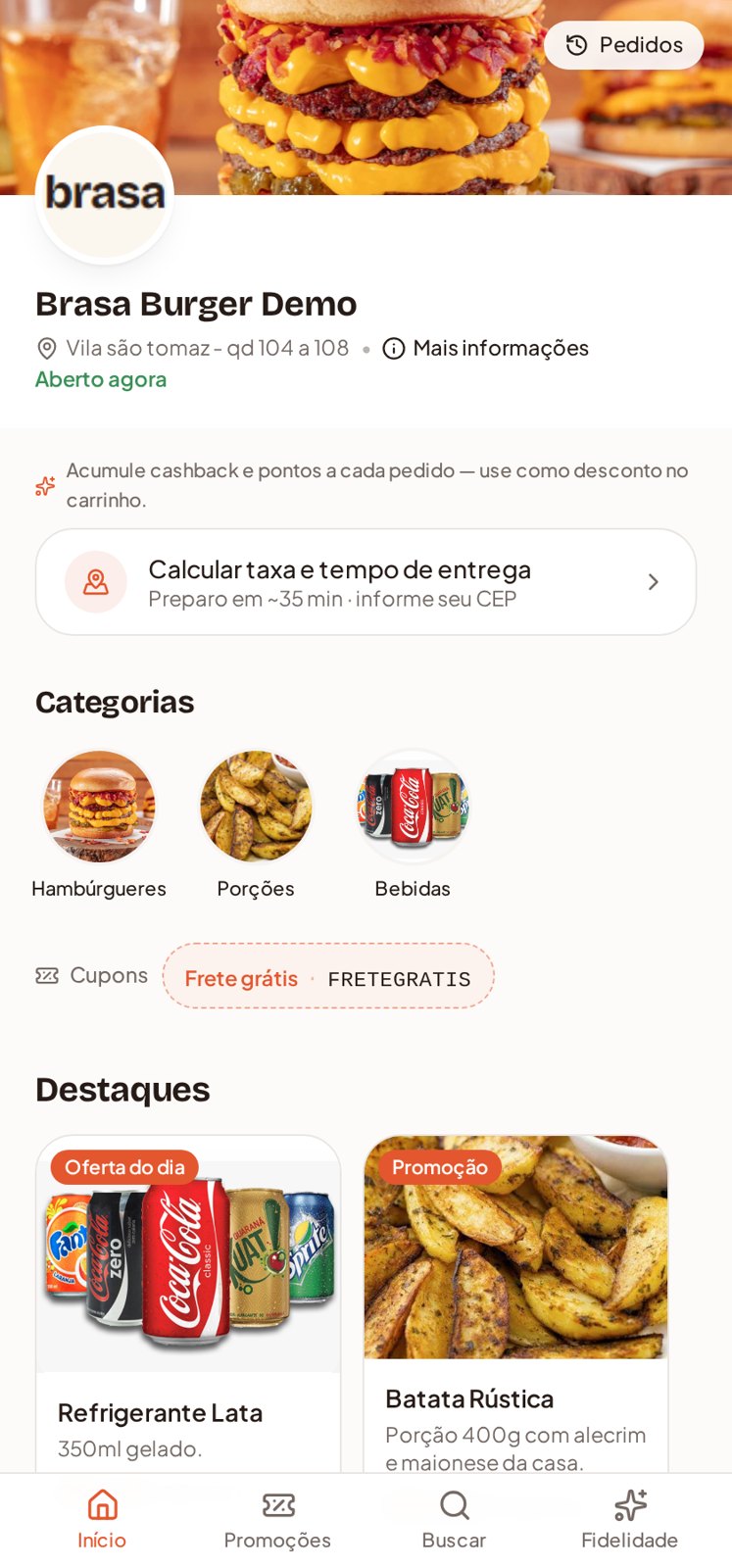 Cardápio digital do Eba! Delivery aberto no celular do cliente