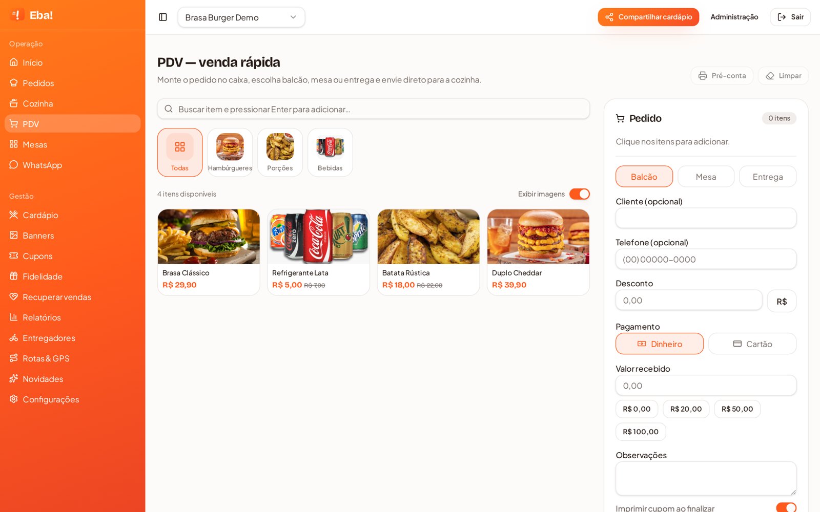 PDV do Eba! Delivery com grade de produtos e comanda